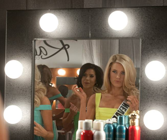 Miss Nevada USA 2013, Chelsea Caswell; and Miss New Hampshire USA 2013, Amber Faucher; during rehearsals at PH Live in Las Vegas, Nevada on Saturday June 15, 2013. They will compete for the title of Miss USA 2013 and the coveted Miss USA Diamond Nexus Crown LIVE on NBC starting at 9:00 PM ET on June 16th, 2013 from PH Live.. HO/Miss Universe Organization L.P., LLLP.